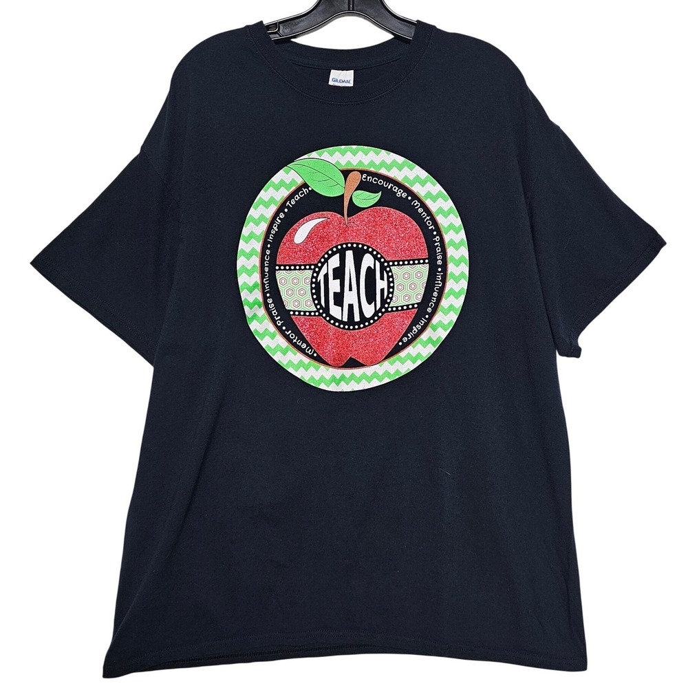 Gildan Heavy Cotton Black Teach Apple Glitter Graphic T-Shirt Womens XL